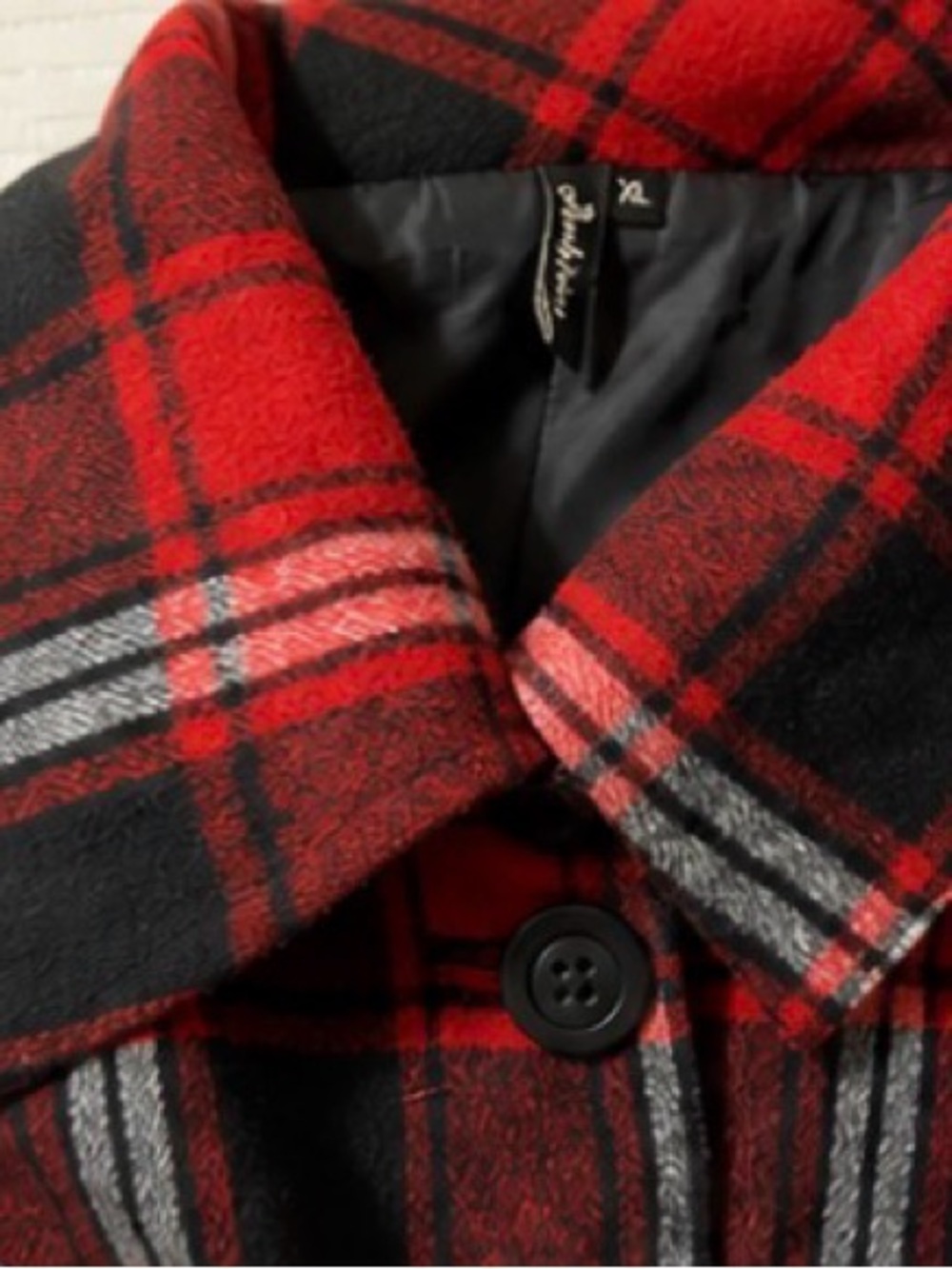 Ambition Red Black Plaid Belted Jacket XL Oversized Collar - Picture 5 of 5